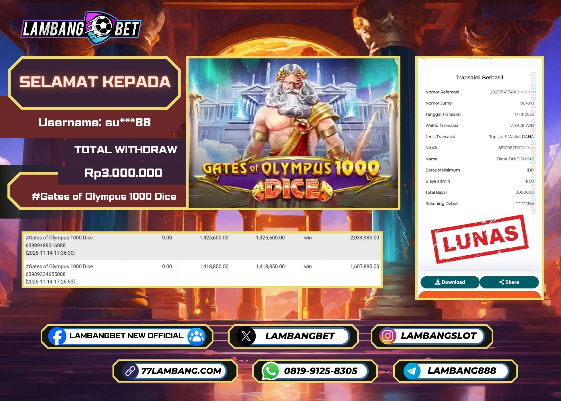 LAMBANGBET [14 NOVEMBER 2025] JACKPOT SLOT Gates of Olympus 1000 Dice "Rp3.000.000" LUNAS